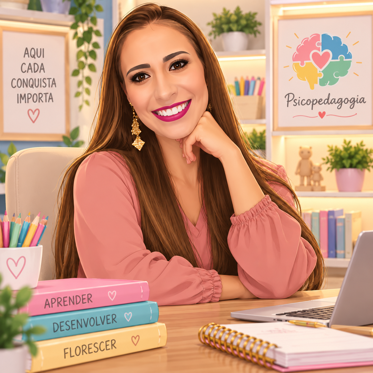 Ilustração acolhedora da Profª Suelen em um ambiente de psicopedagogia infantil